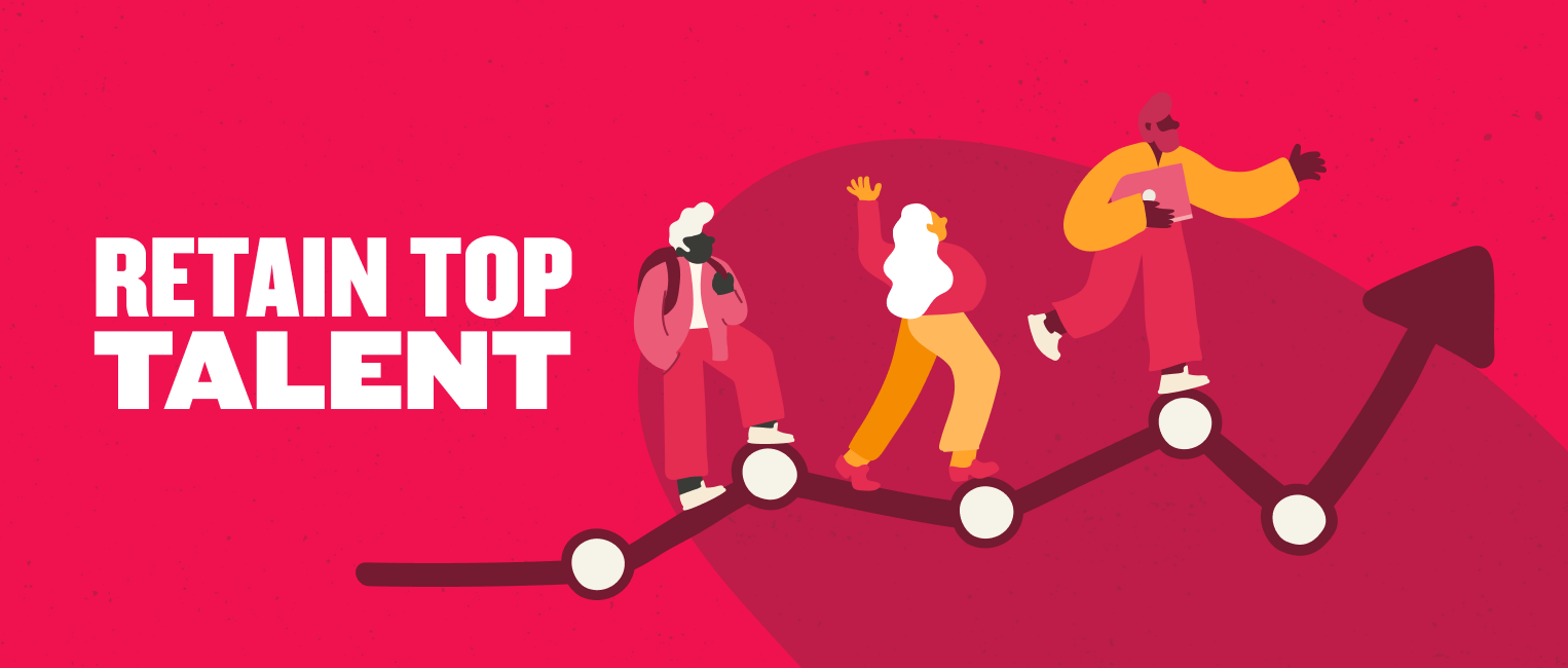 retain top talent, diverse group of people on a success graph against a vibrant pink background